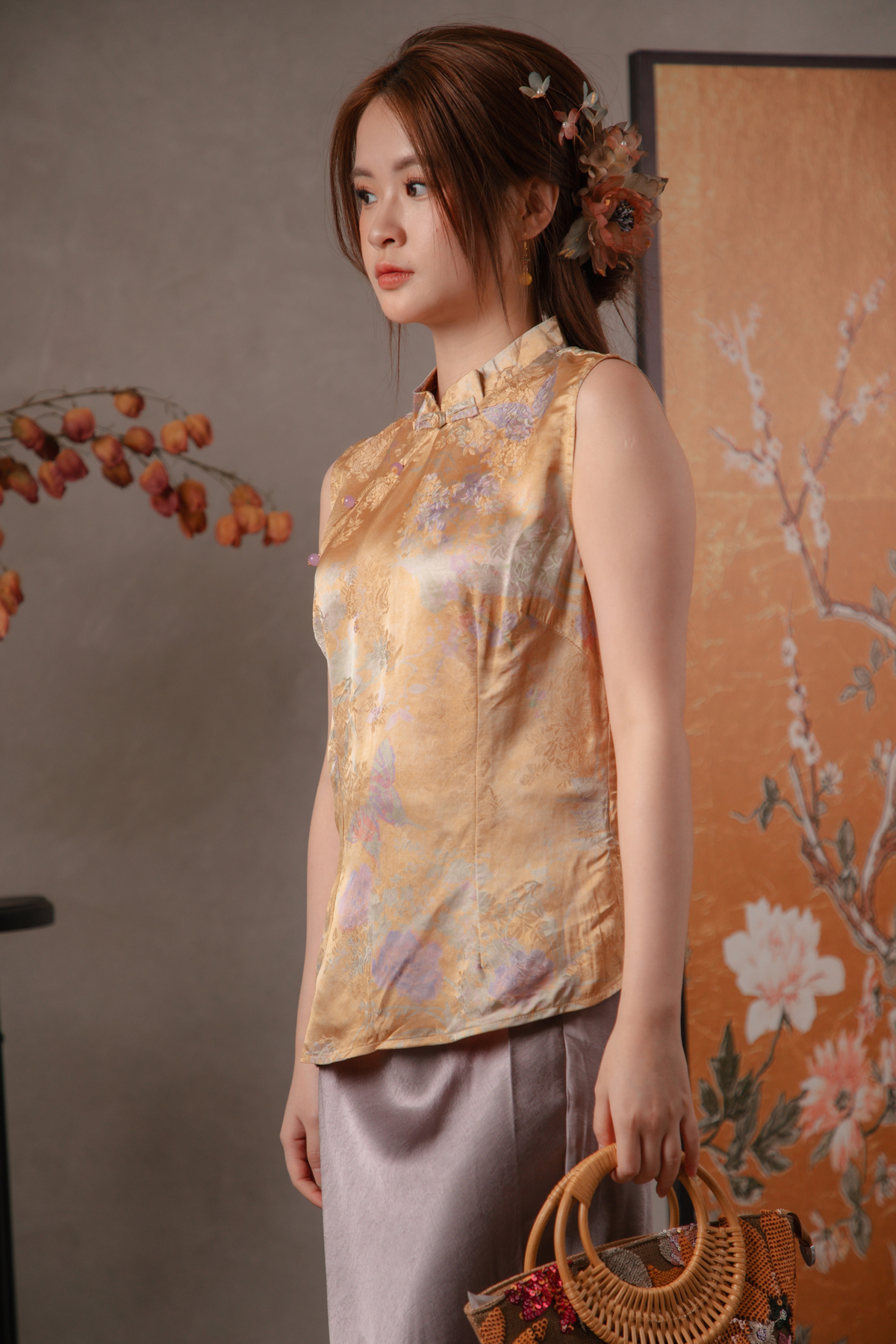 Selma Garden Cheongsam Top in Gold