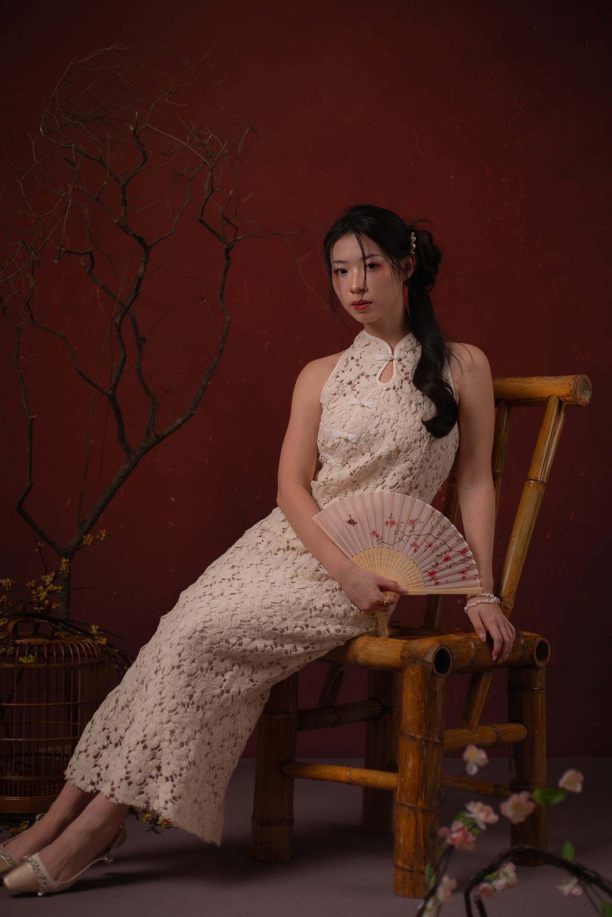 Camellia Lace Cheongsam Dress in Champagne