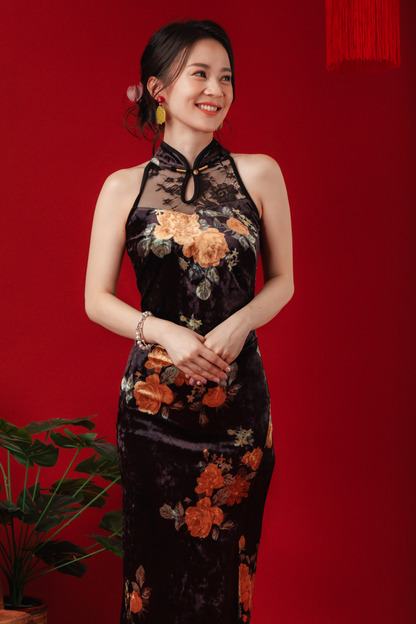 Velvet Bloom Lace Cheongsam Dress