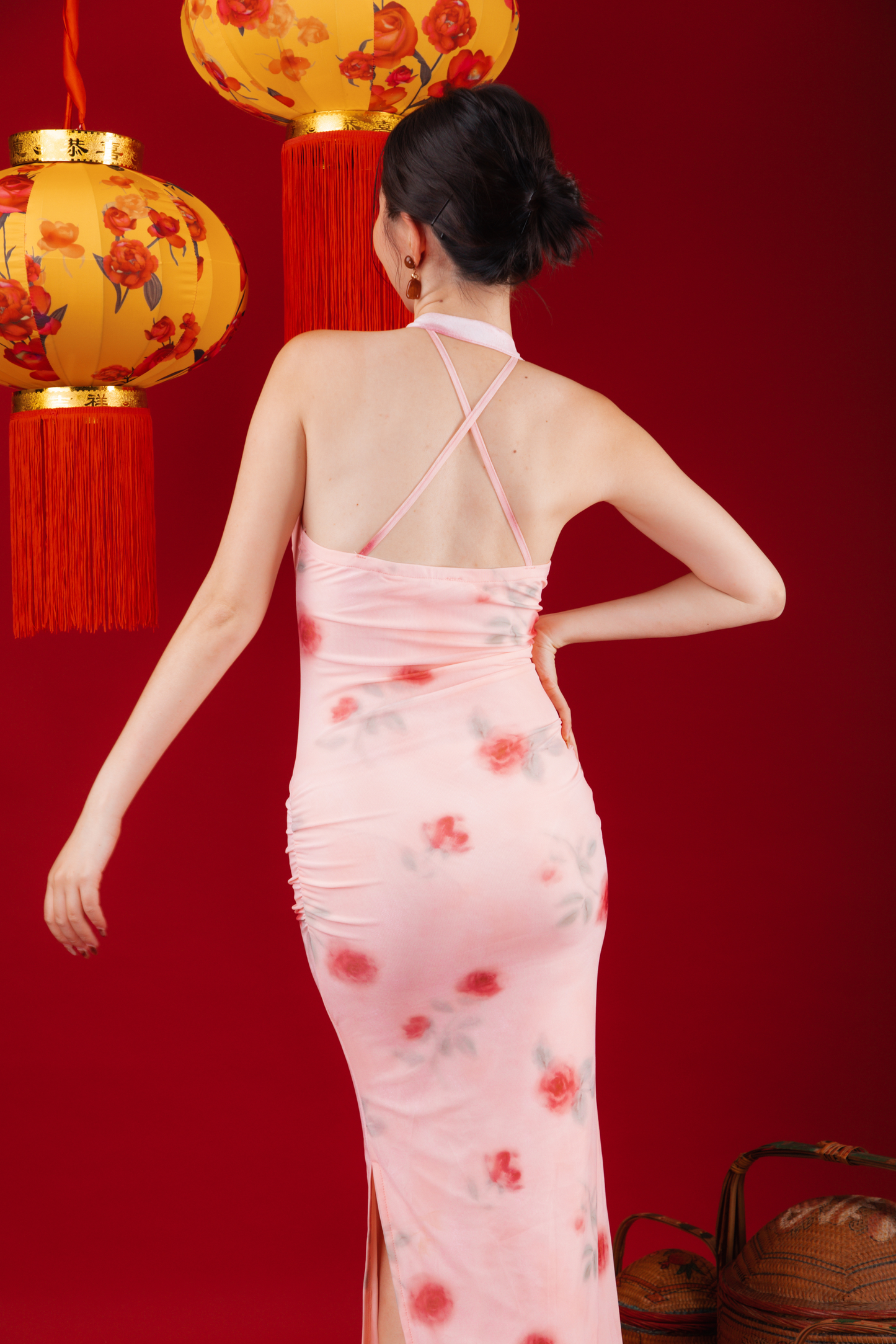 Roselle Bloom Halter Cheongsam Dress