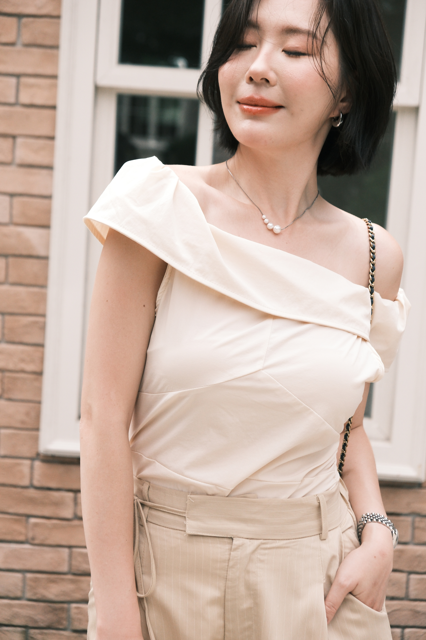 Léonie Off-Shoulder Folded Top in Beige