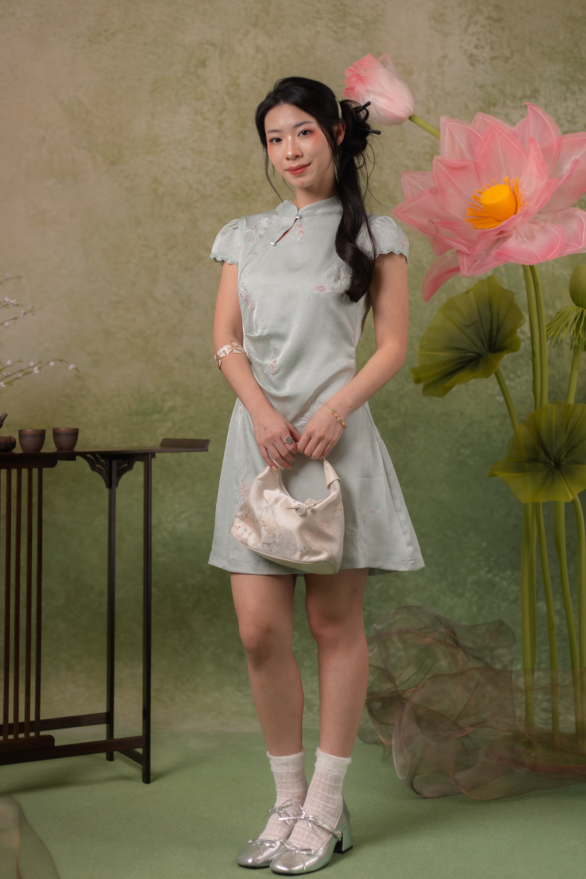 Jasmine Blossom Cheongsam Dress in Sage