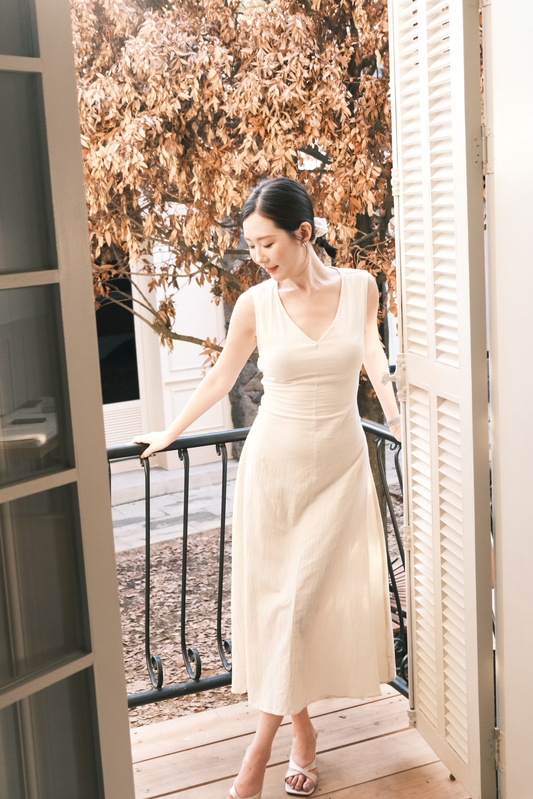 Beige Linen Back-Tie Cut-Out Maxi Dress