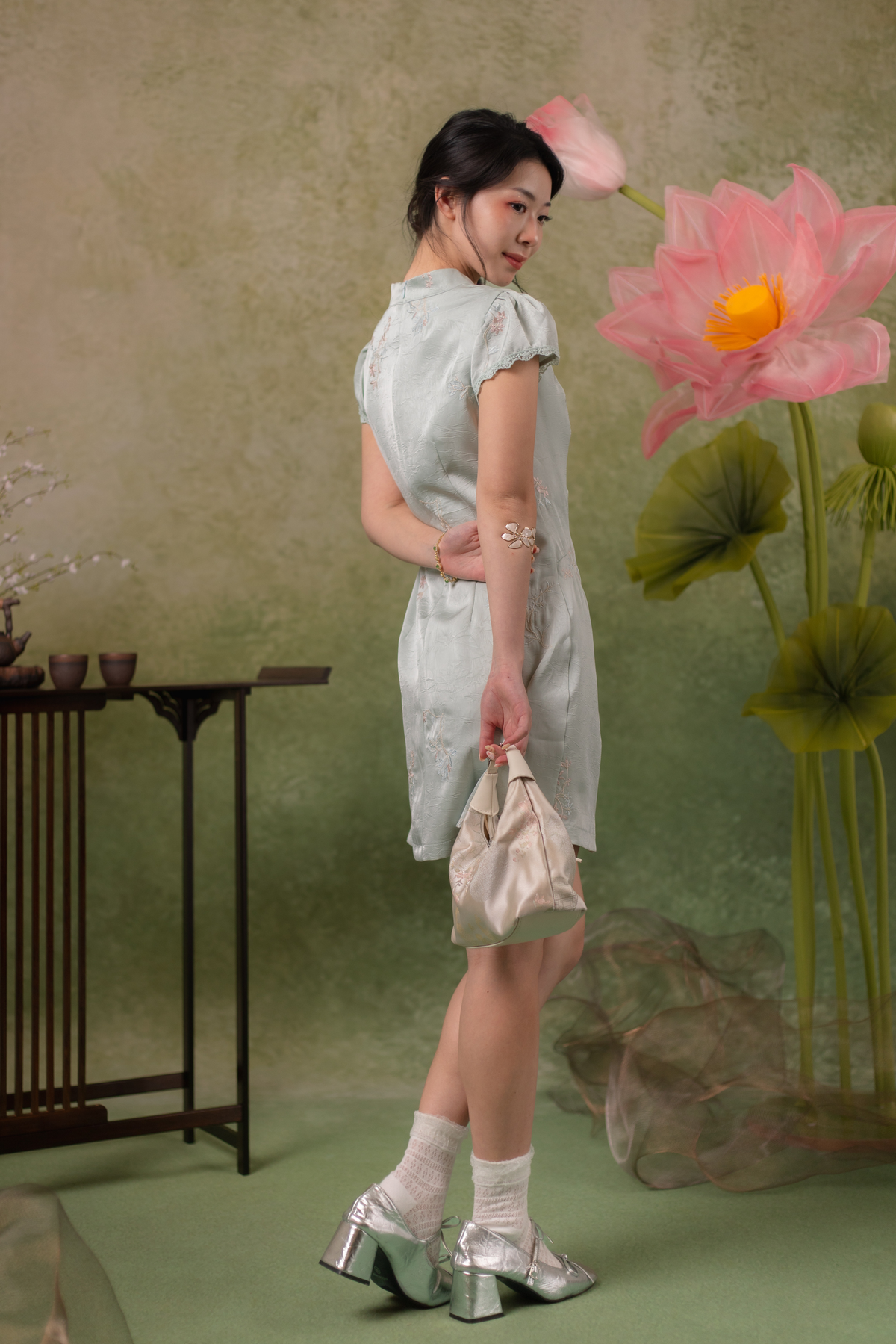 Jasmine Blossom Cheongsam Dress in Sage