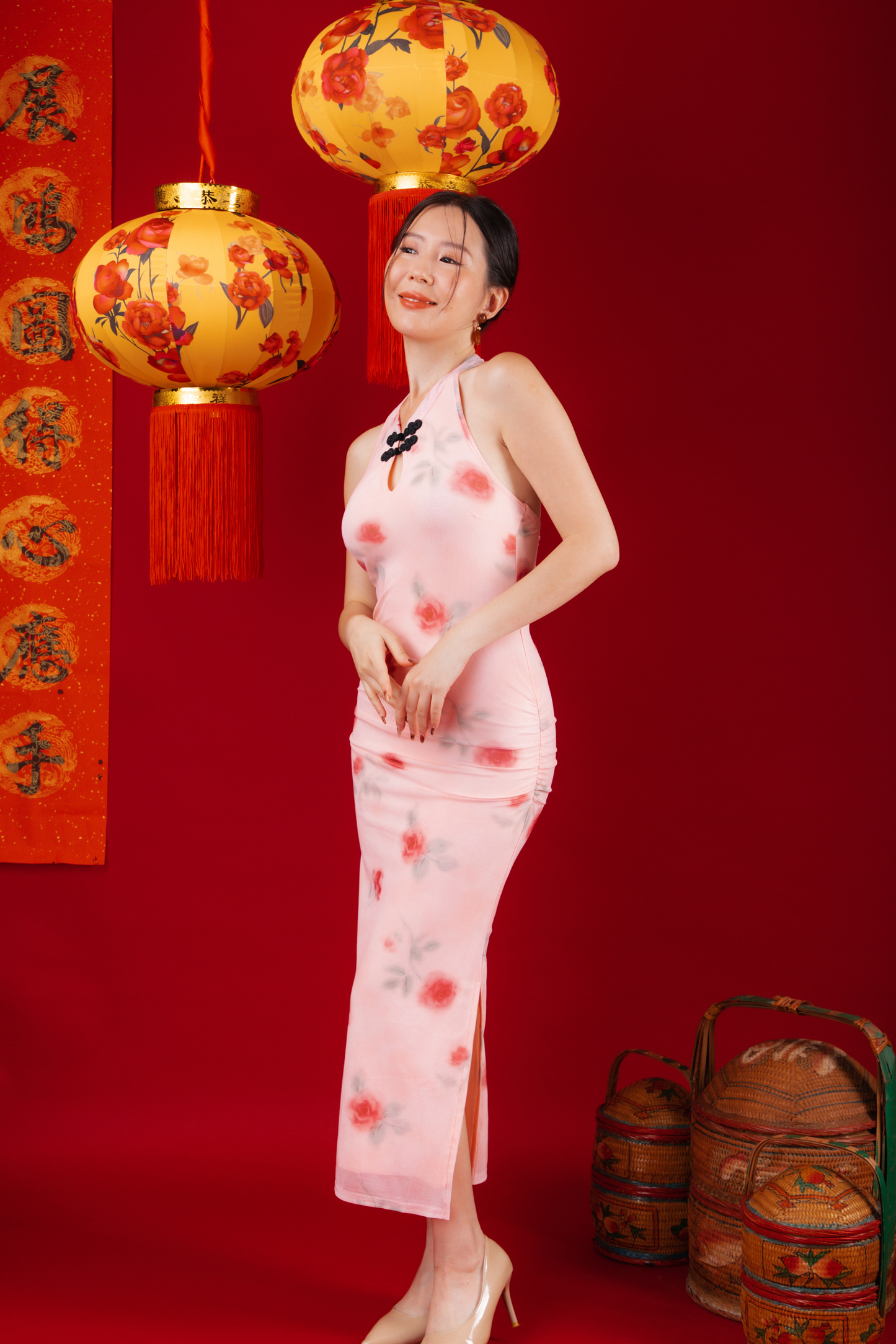 Roselle Bloom Halter Cheongsam Dress