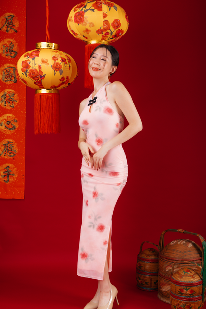 Roselle Bloom Halter Cheongsam Dress