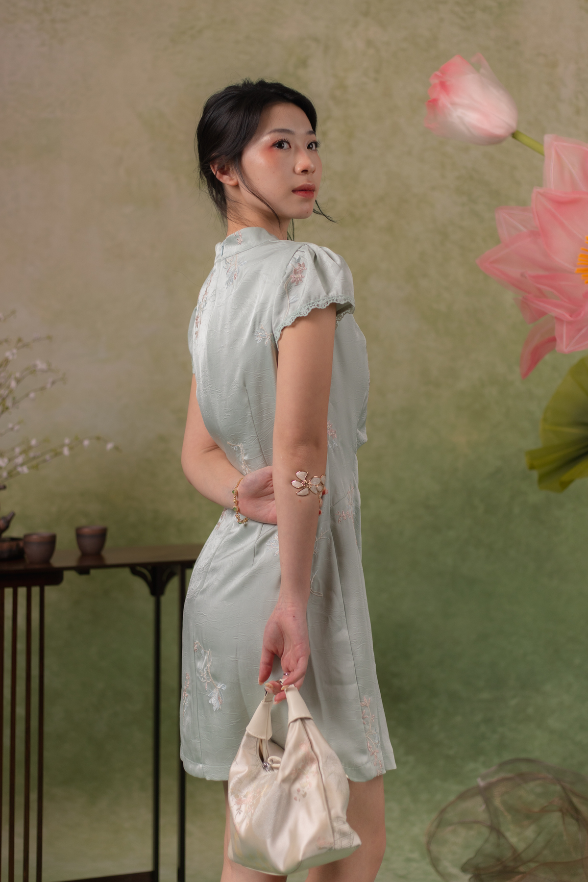 Jasmine Blossom Cheongsam Dress in Sage