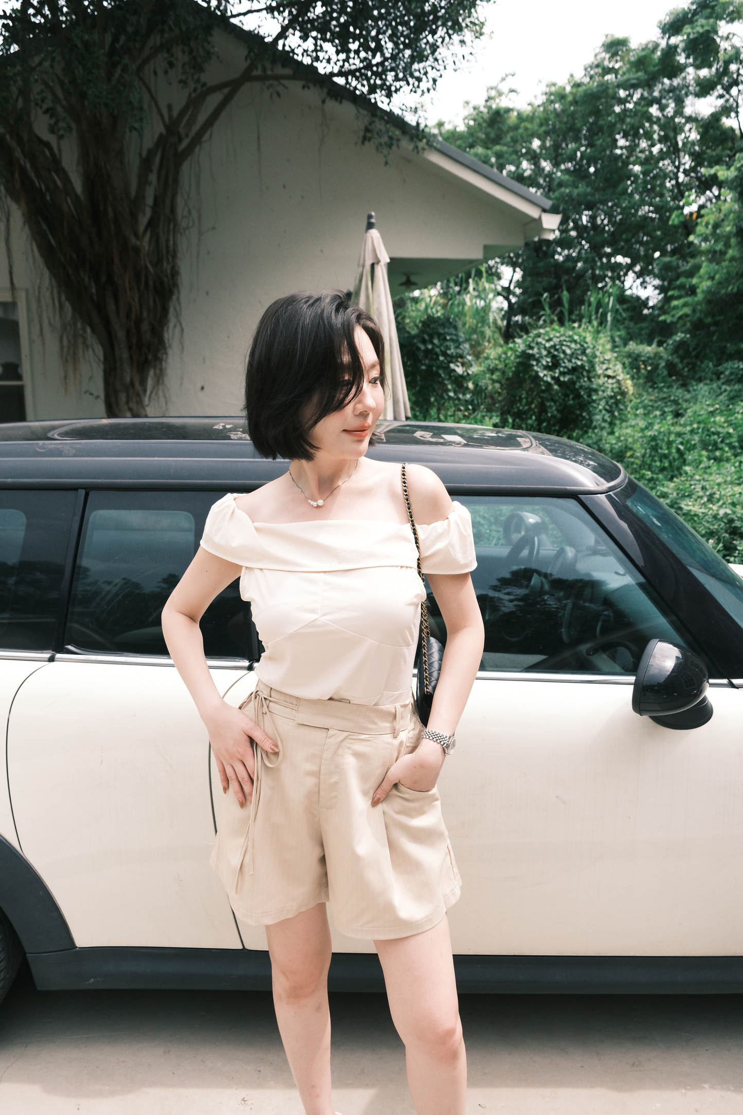 Léonie Off-Shoulder Folded Top in Beige