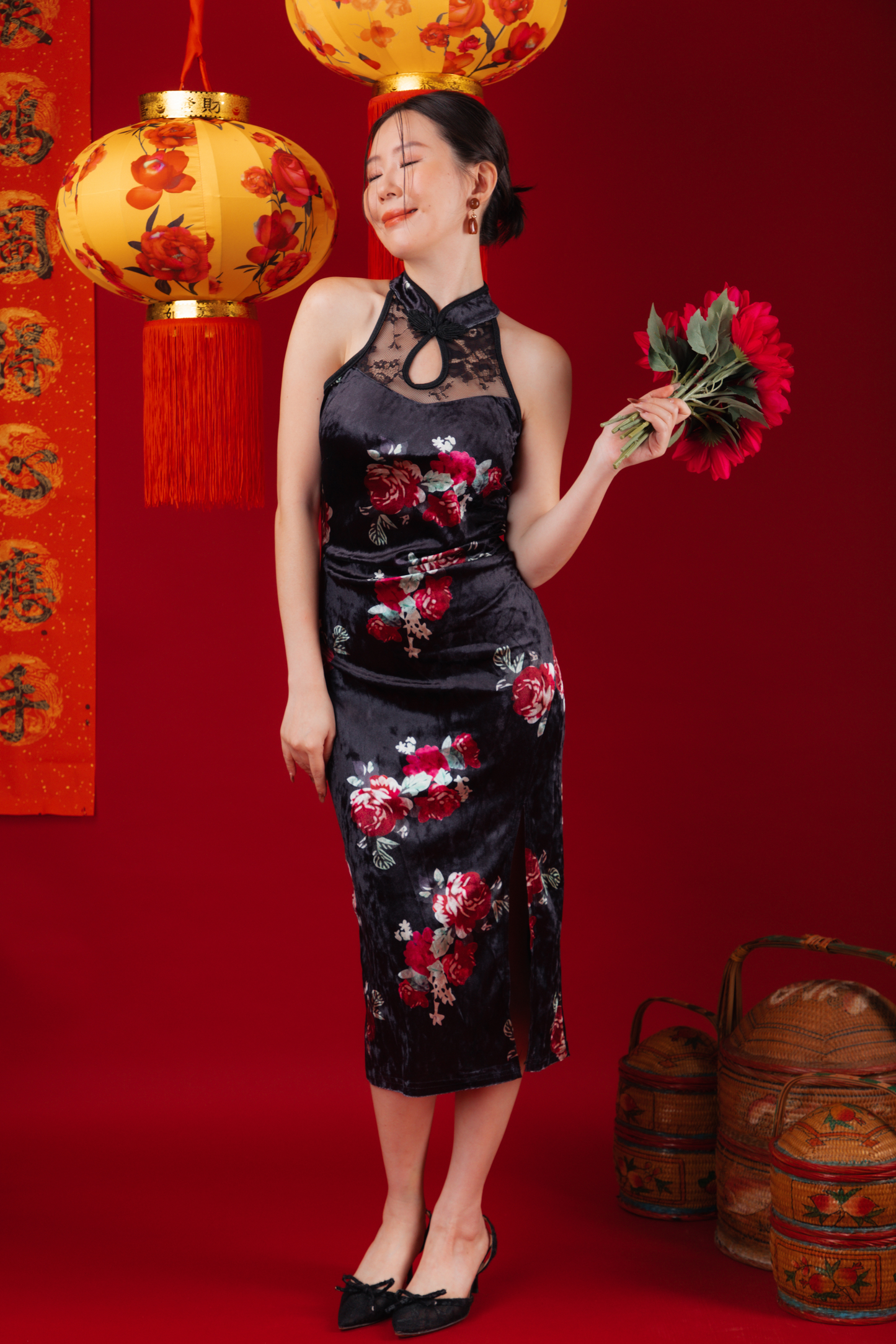 Velvet Noir Lace Cheongsam Dress