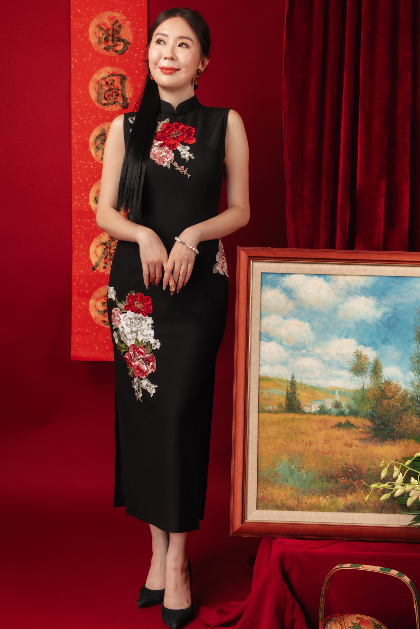 Crimson Bloom Embroidered Cheongsam Dress
