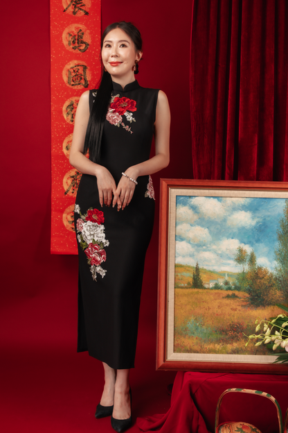Crimson Bloom Embroidered Cheongsam Dress