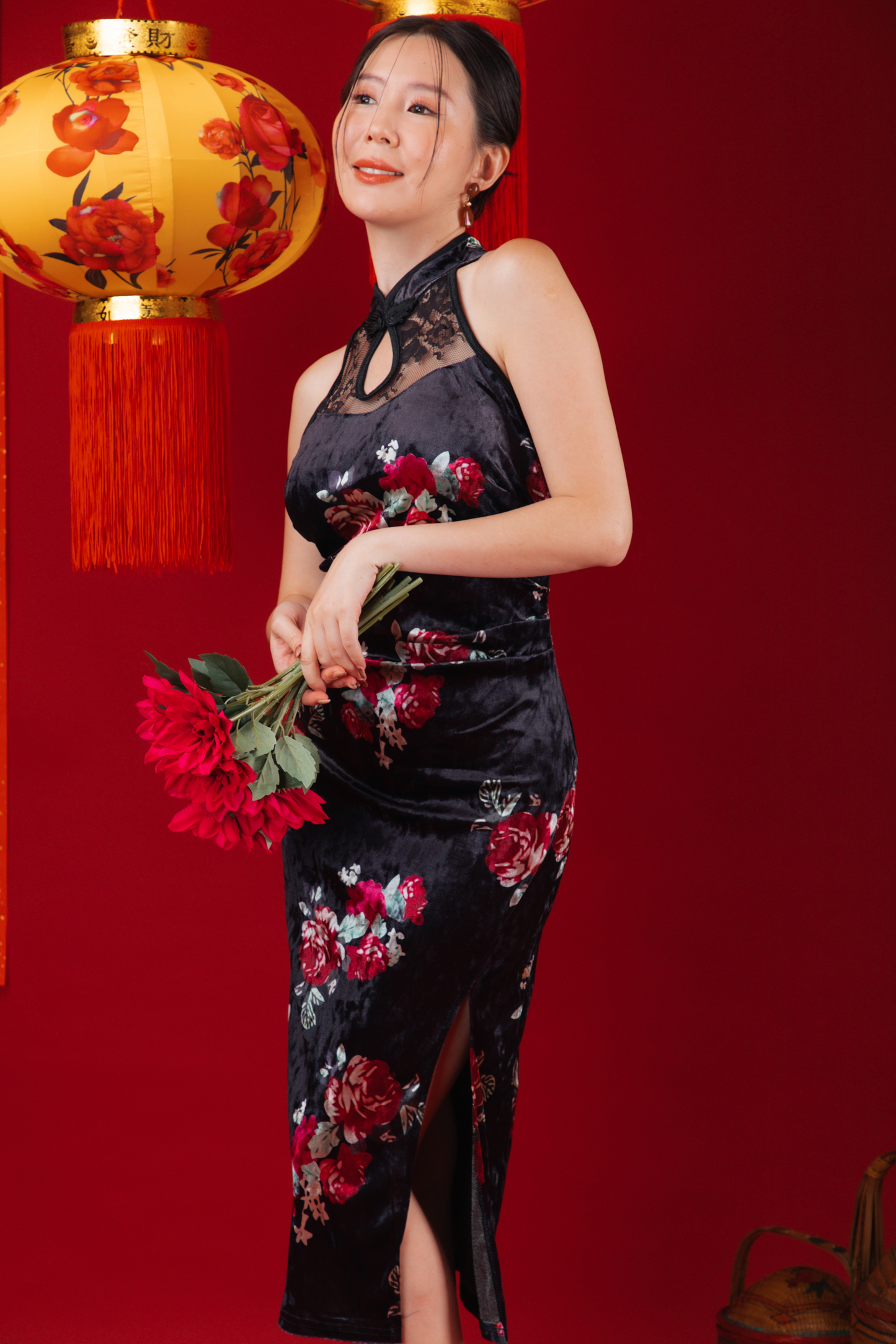 Velvet Noir Lace Cheongsam Dress