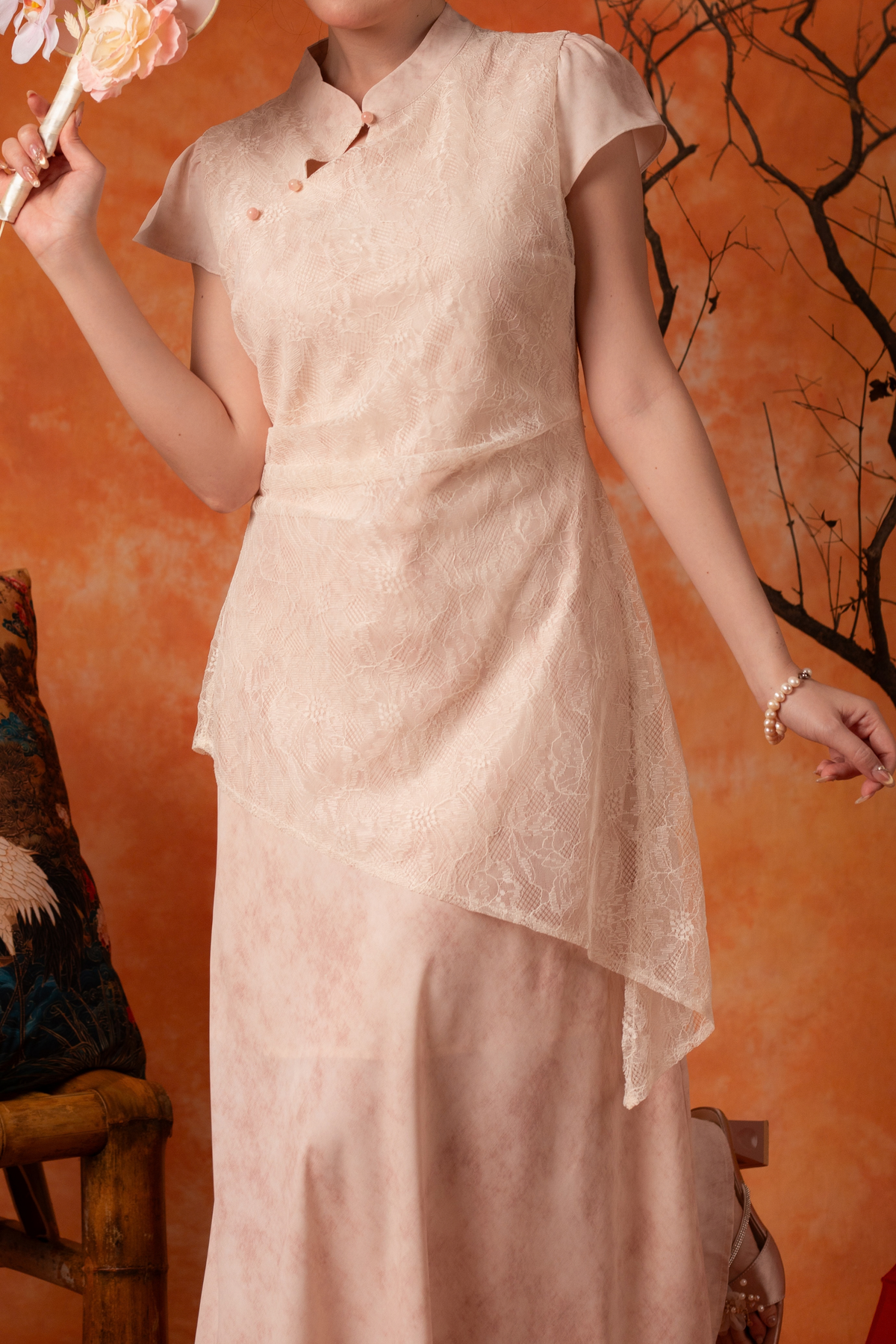 Amandine Lace Cheongsam Dress in Blush Pink