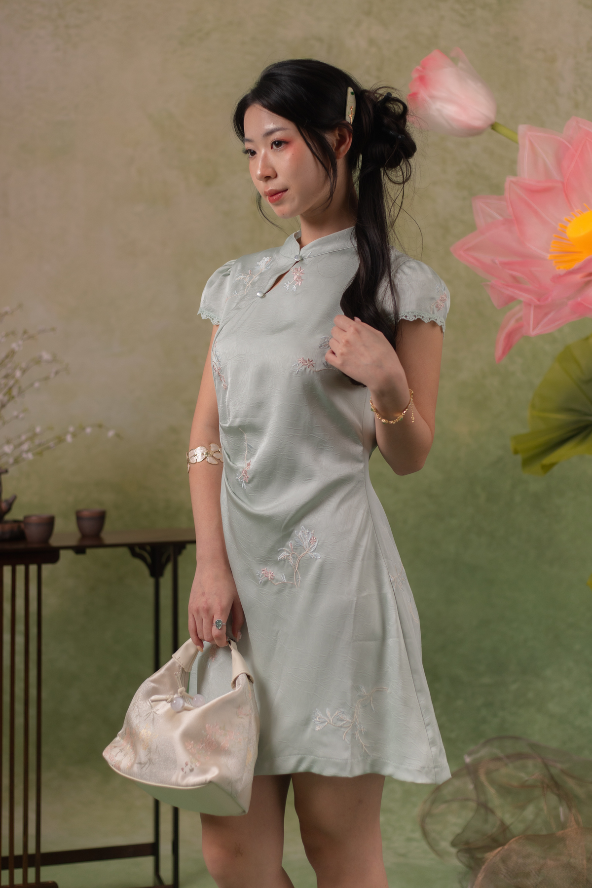 Jasmine Blossom Cheongsam Dress in Sage