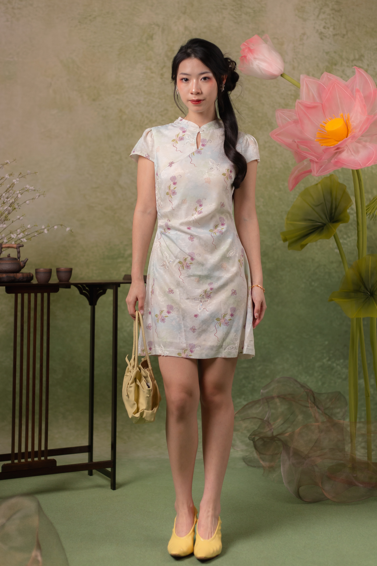 Orchid Butterfly Cheongsam Dress in Pale Champagne