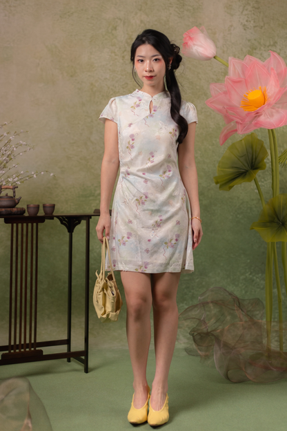 Orchid Butterfly Cheongsam Dress in Pale Champagne