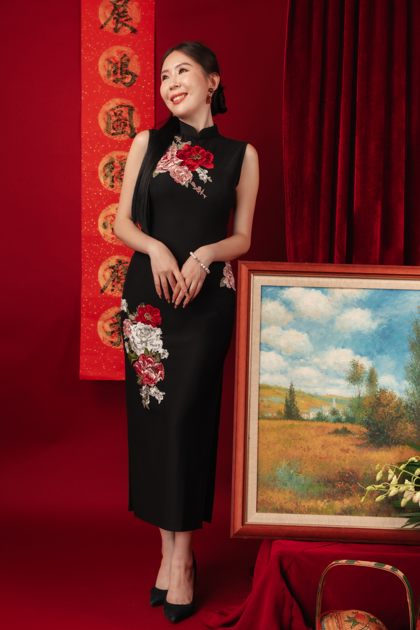 Crimson Bloom Embroidered Cheongsam Dress