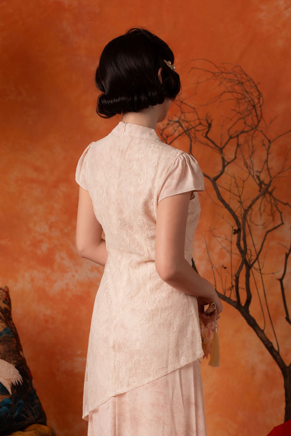 Amandine Lace Cheongsam Dress in Blush Pink