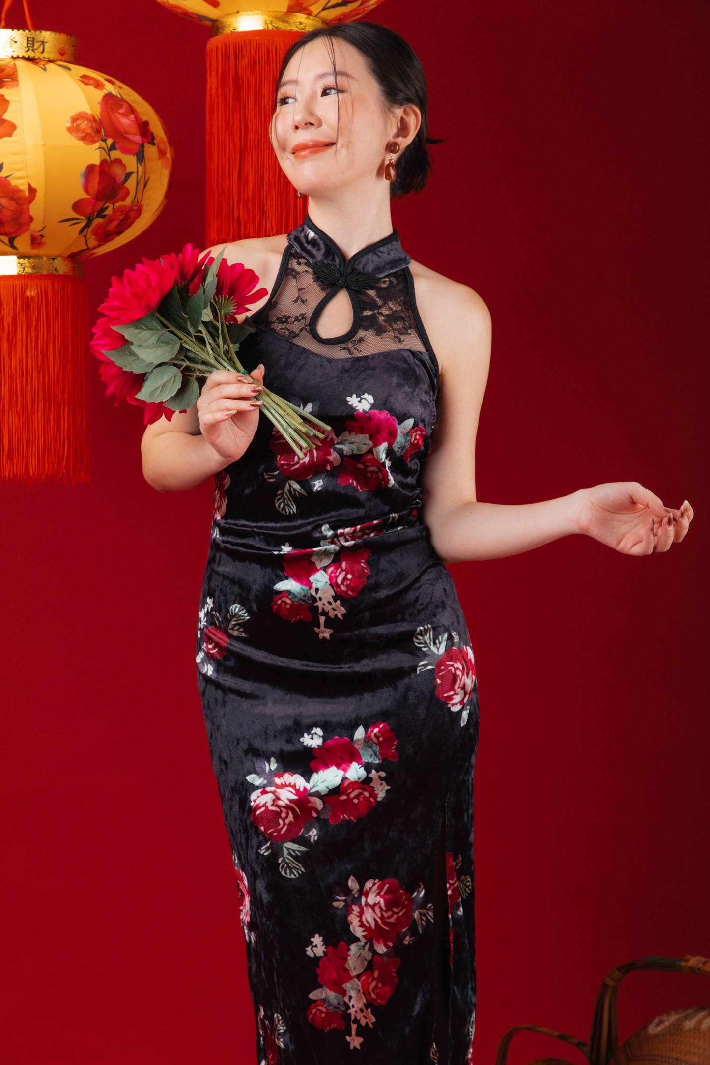 Velvet Noir Lace Cheongsam Dress