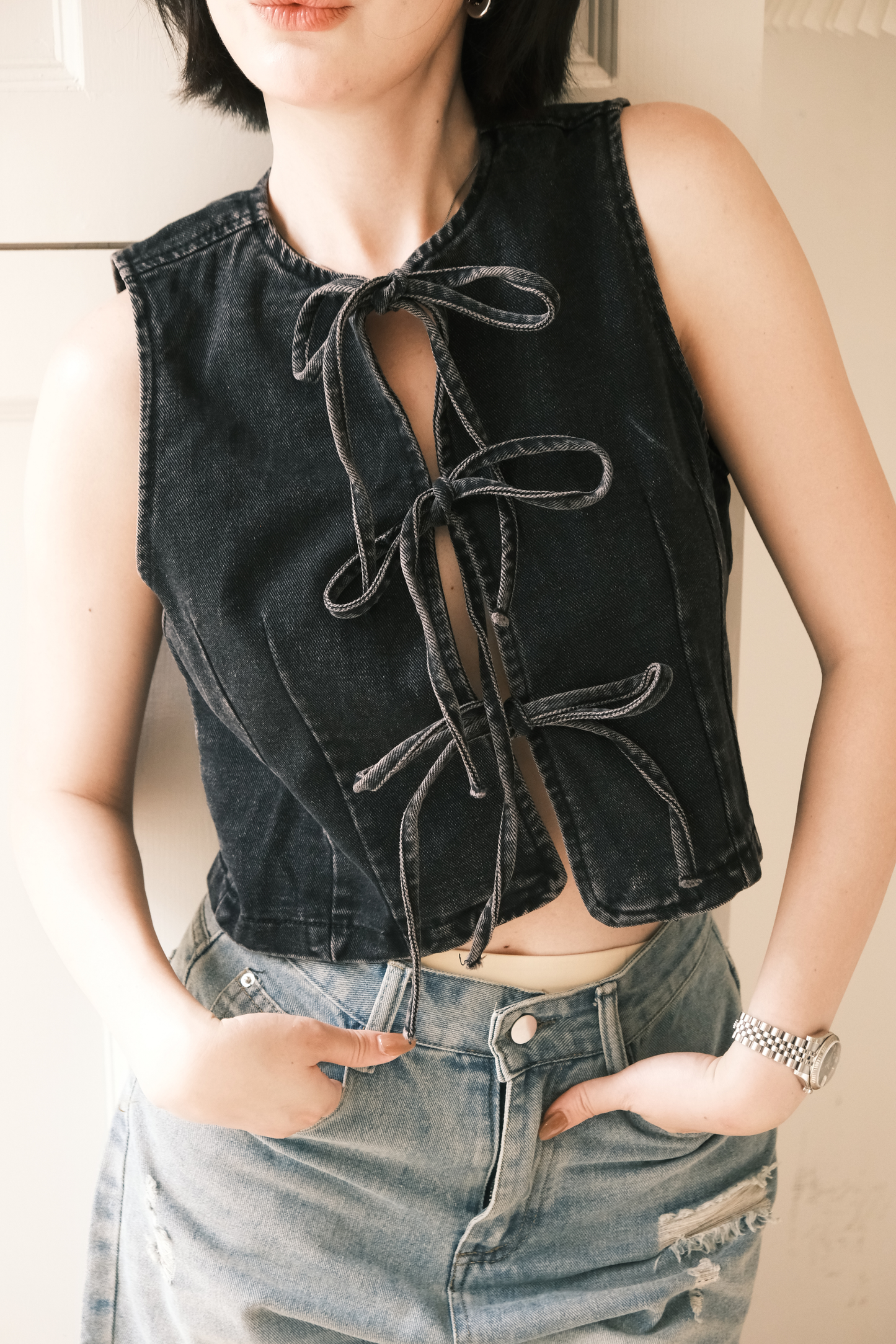 Rhea Lace-Up Denim Vest in Black