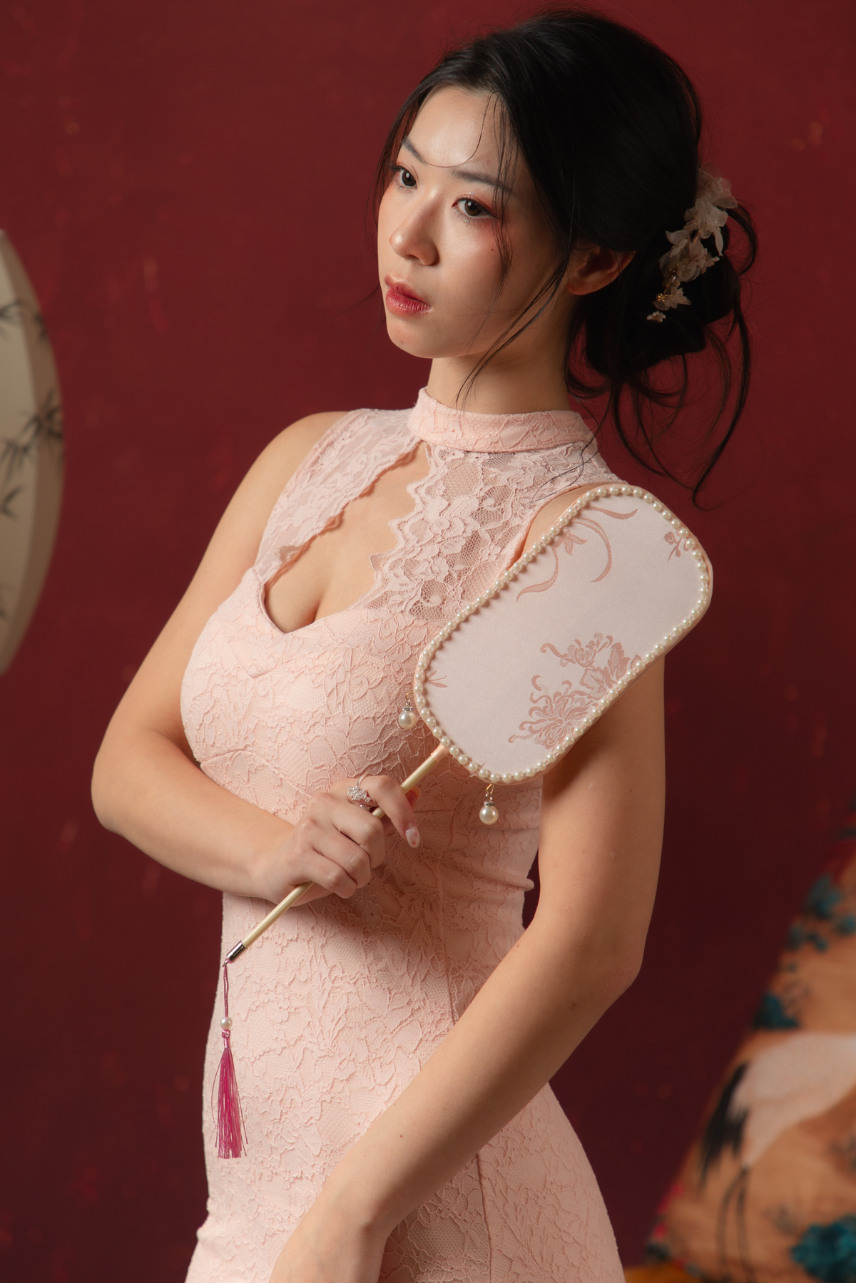 Roselle Lace Cheongsam Dress in Blush Pink