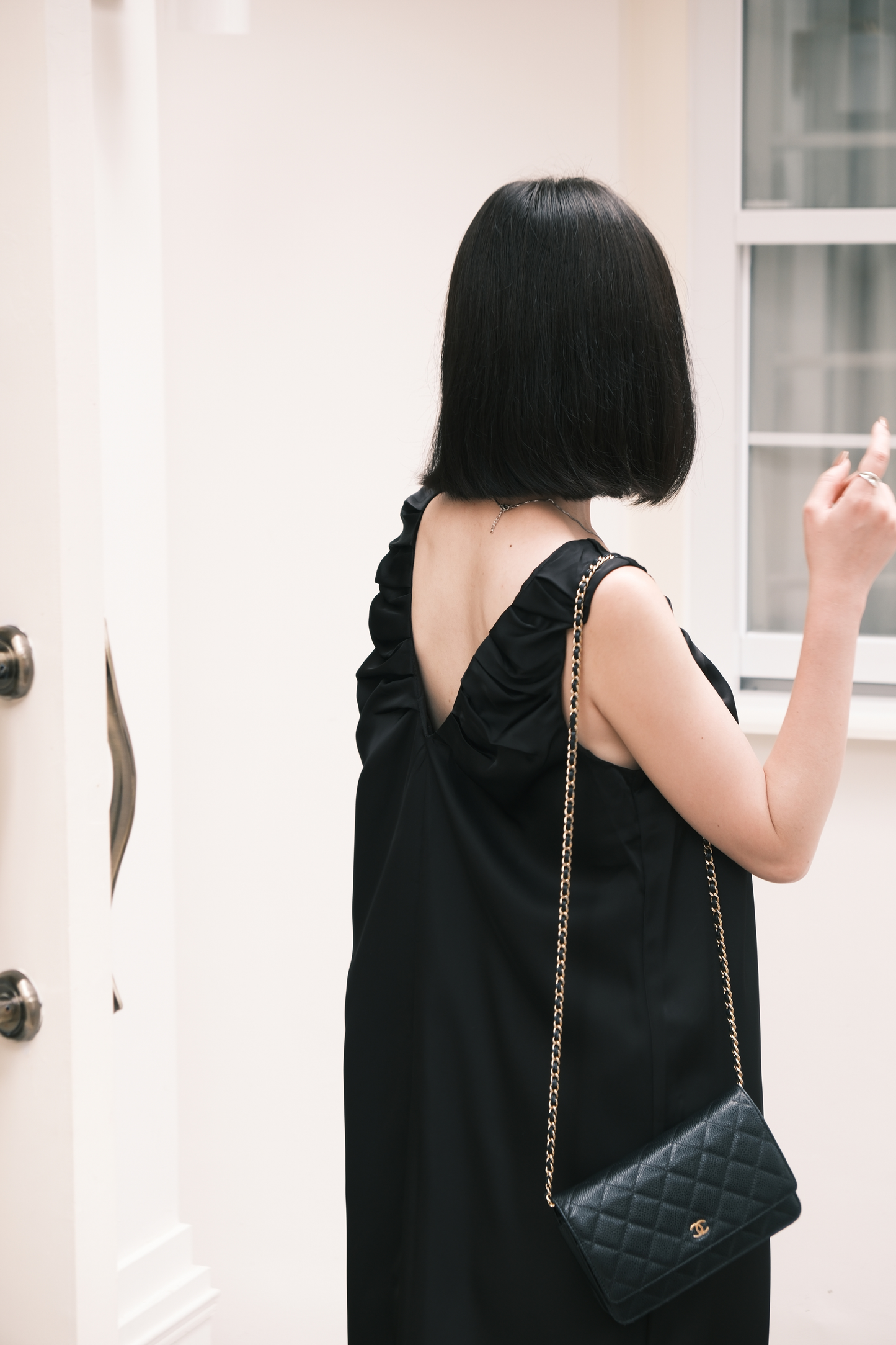 Lumière Ruched Satin Slip Dress in Black