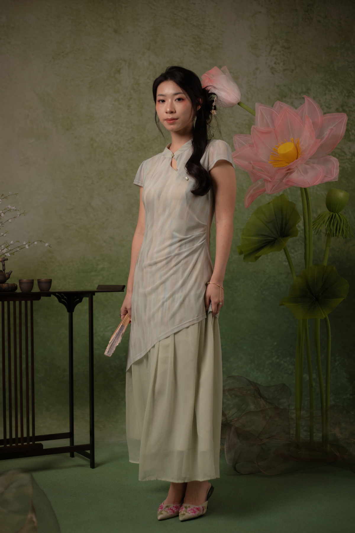 Jade Mist Layered Cheongsam Dress in Sage