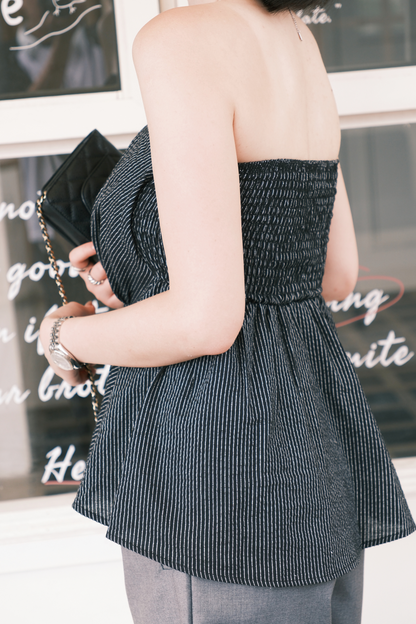 Éloise Strapless Pinstripe Peplum Top in Black