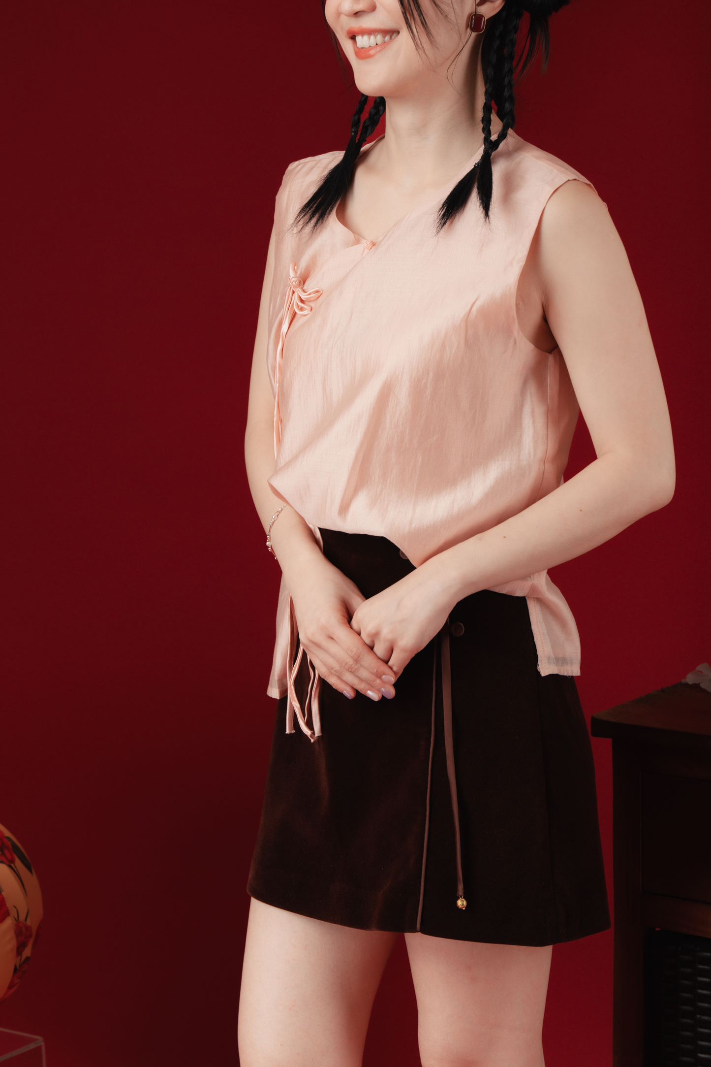 Velvet Ribbon-Panels High-Waist Cheongsam Mini Skirt