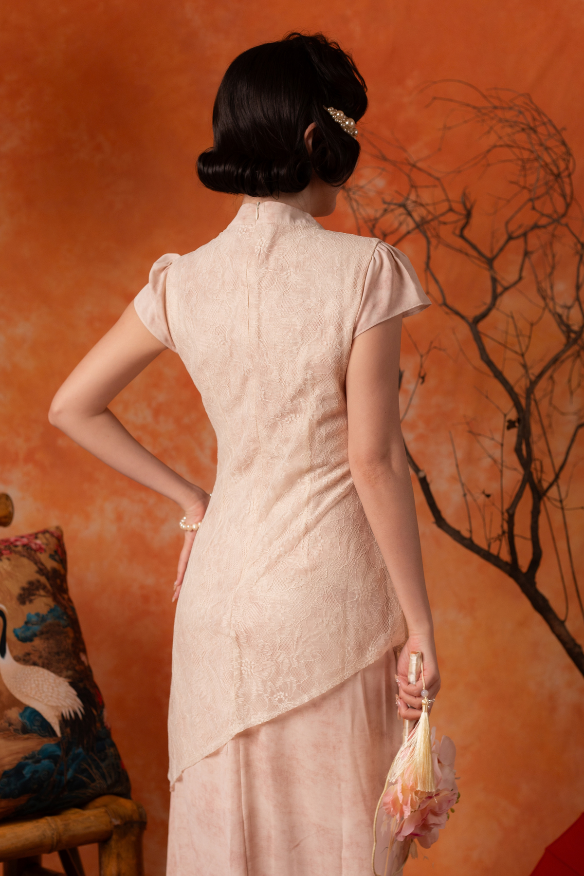 Amandine Lace Cheongsam Dress in Blush Pink