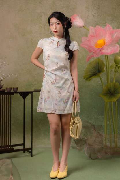 Orchid Butterfly Cheongsam Dress in Pale Champagne