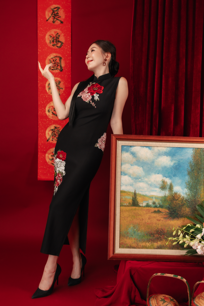 Crimson Bloom Embroidered Cheongsam Dress