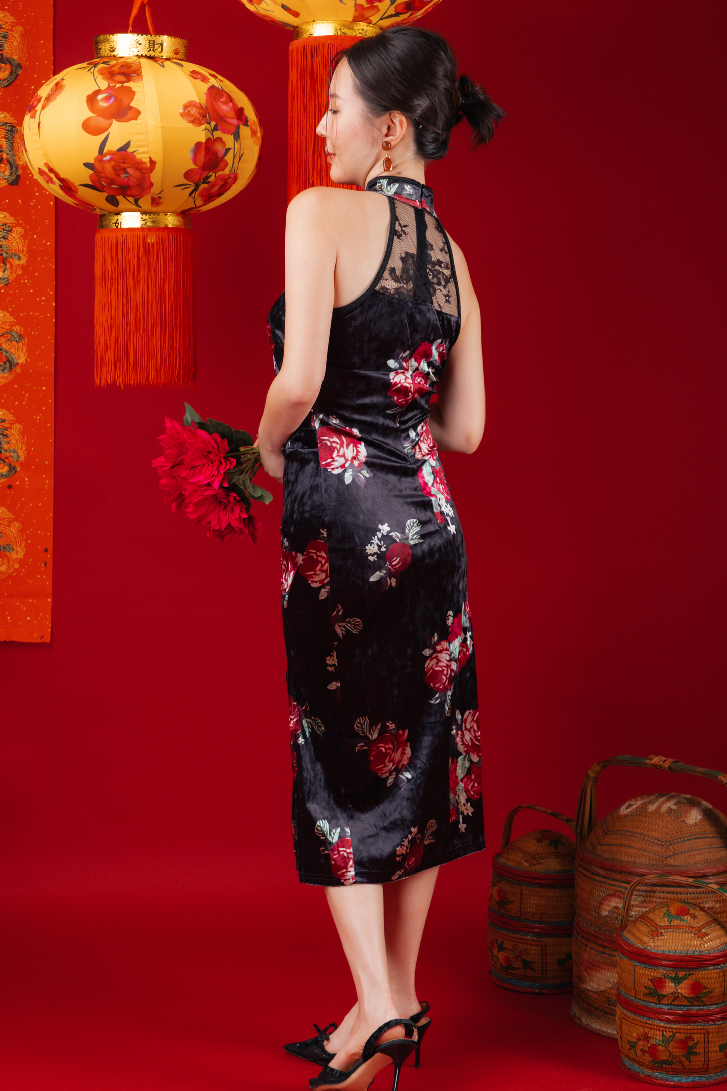 Velvet Noir Lace Cheongsam Dress