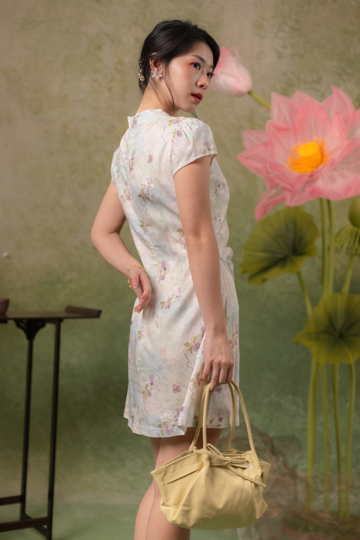 Orchid Butterfly Cheongsam Dress in Pale Champagne