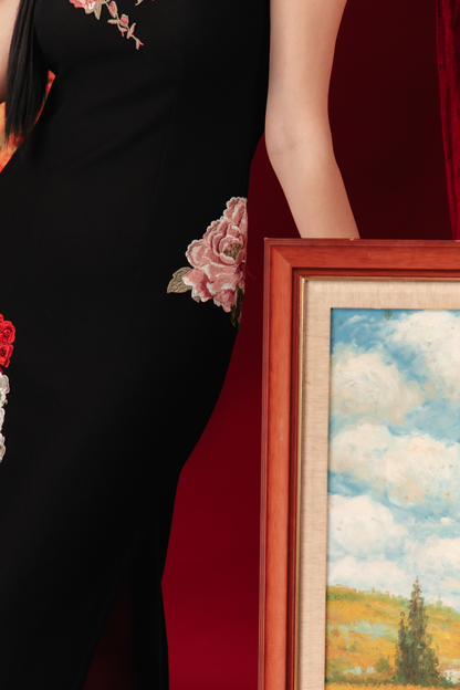Crimson Bloom Embroidered Cheongsam Dress