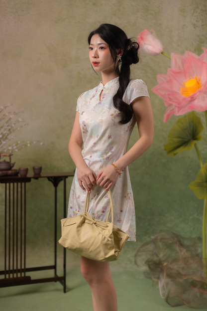 Orchid Butterfly Cheongsam Dress in Pale Champagne