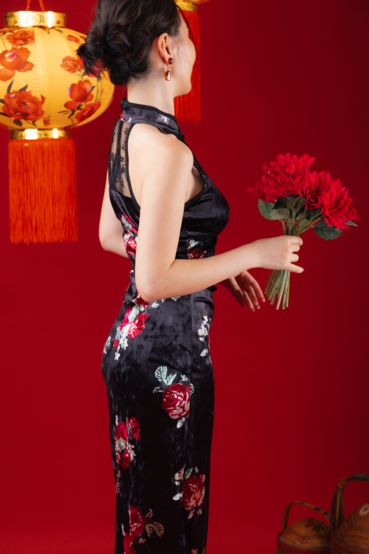 Velvet Noir Lace Cheongsam Dress