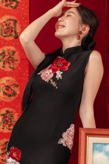Crimson Bloom Embroidered Cheongsam Dress