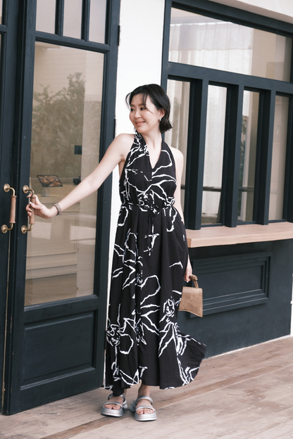 Noir Fleur Halter Maxi Dress in Black