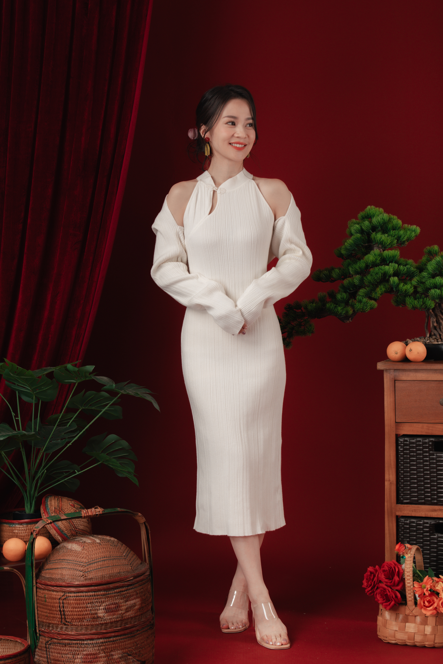 Liora Knit Mandarin Two-Piece Dress in Beige White (In-Stock)