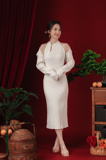 Liora Knit Mandarin Two-Piece Dress in Beige White (In-Stock)