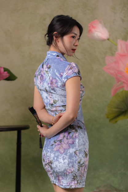 Reverie Velvet Cheongsam Dress in Blue