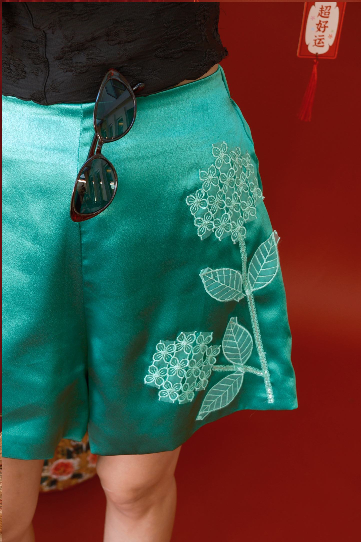 Blush Hydrangea Embroidered Shorts in Green