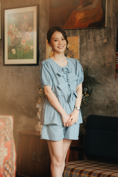 Maëlle Bow Tie Stripe TwinSet in Light Blue
