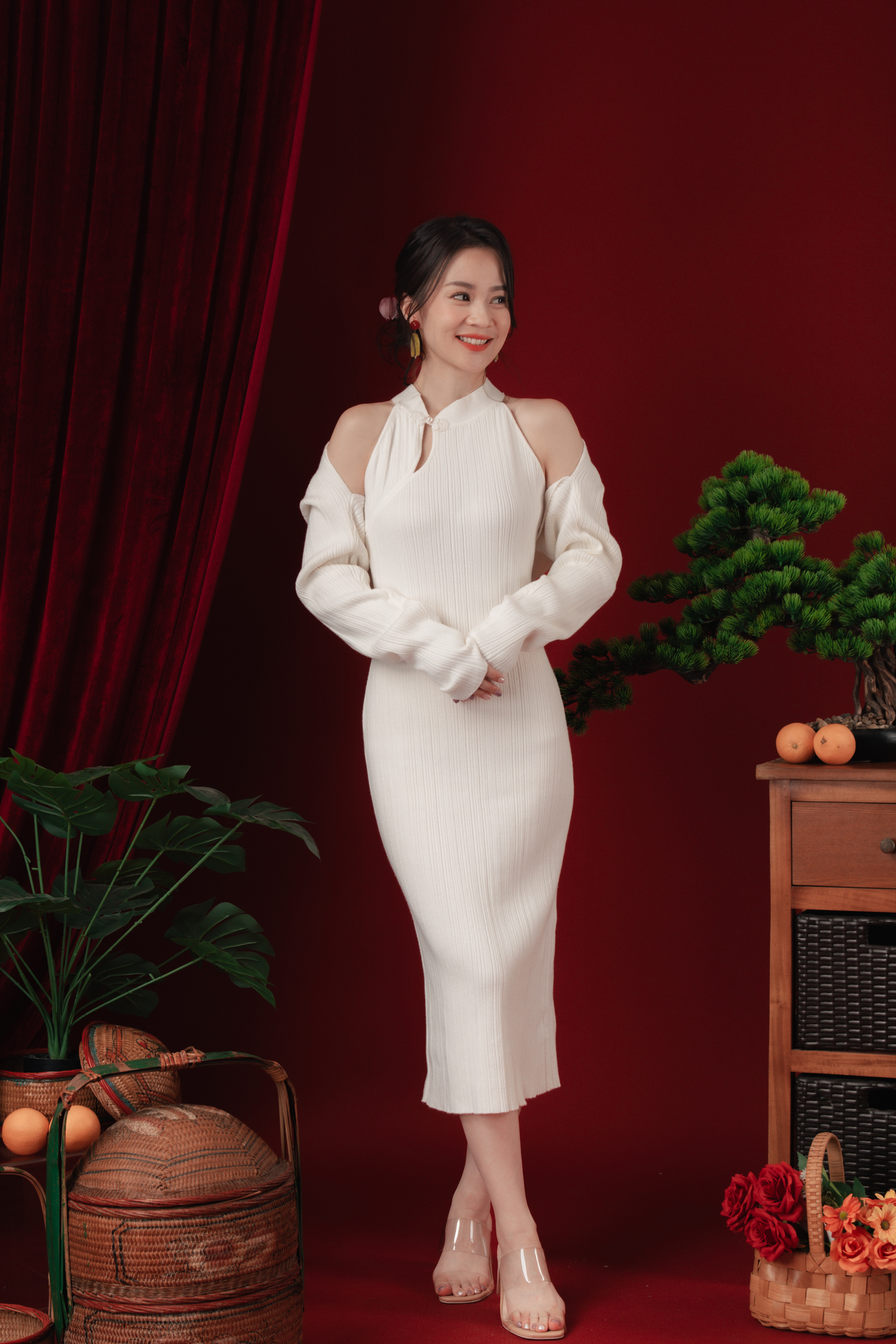 Liora Knit Mandarin Two-Piece Dress in Beige White (In-Stock)