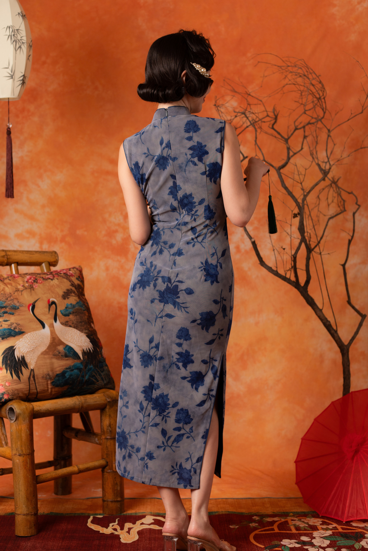 Eluned Peony Cheongsam Dress in Blue