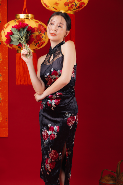 Velvet Noir Lace Cheongsam Dress