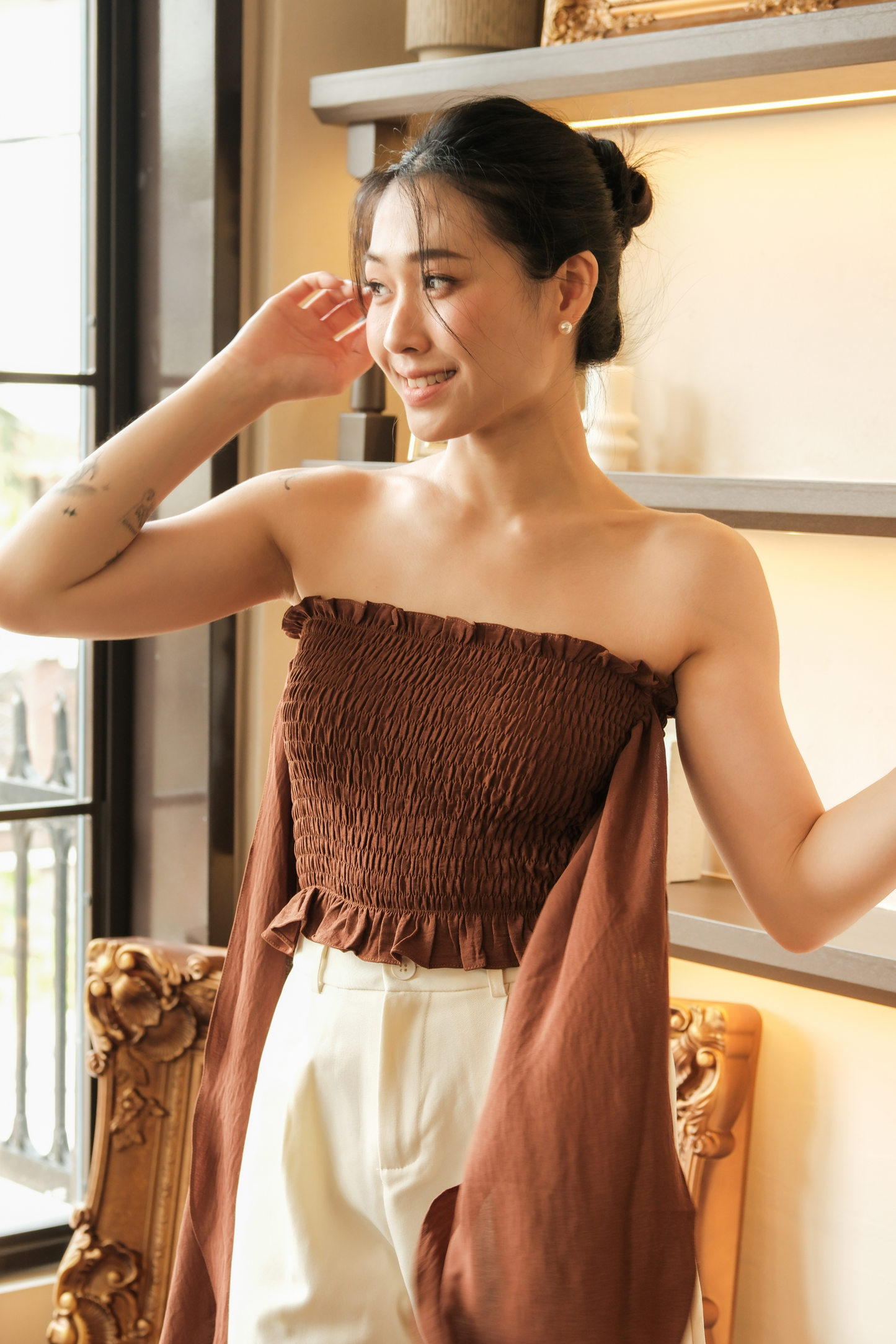 Auriane Bow-Tie Tube Top in Brown
