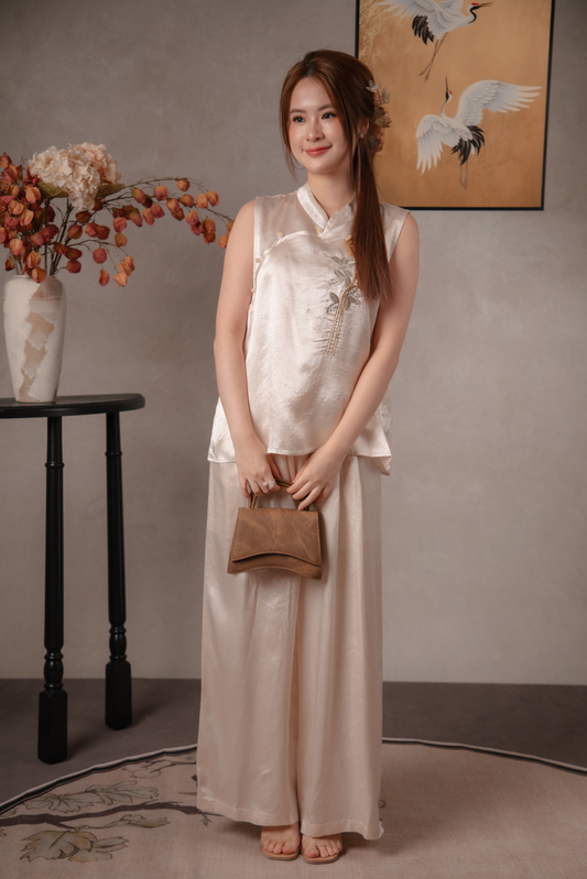 Nora Golden Cheongsam Top & Pants Set in Champagne