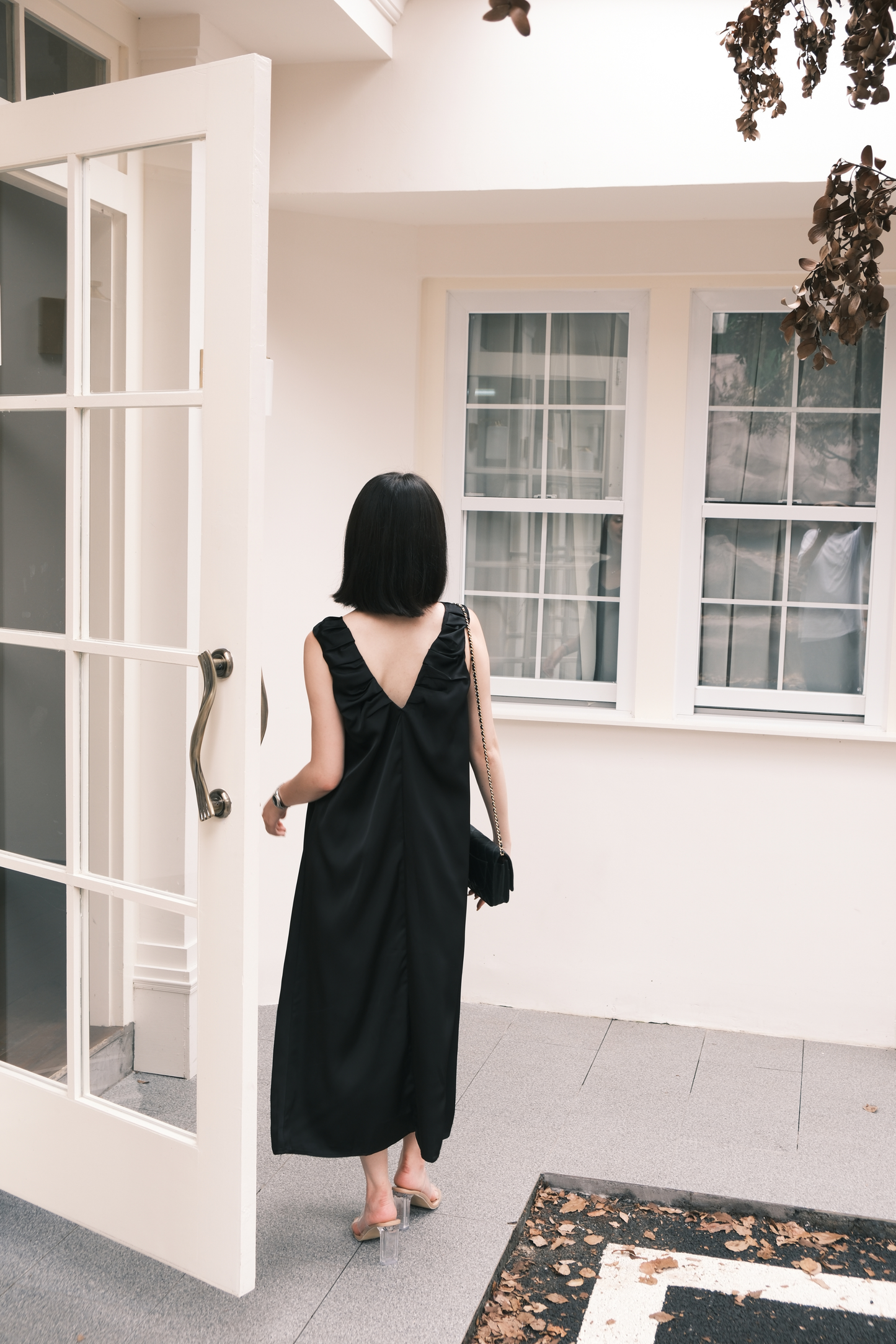 Lumière Ruched Satin Slip Dress in Black